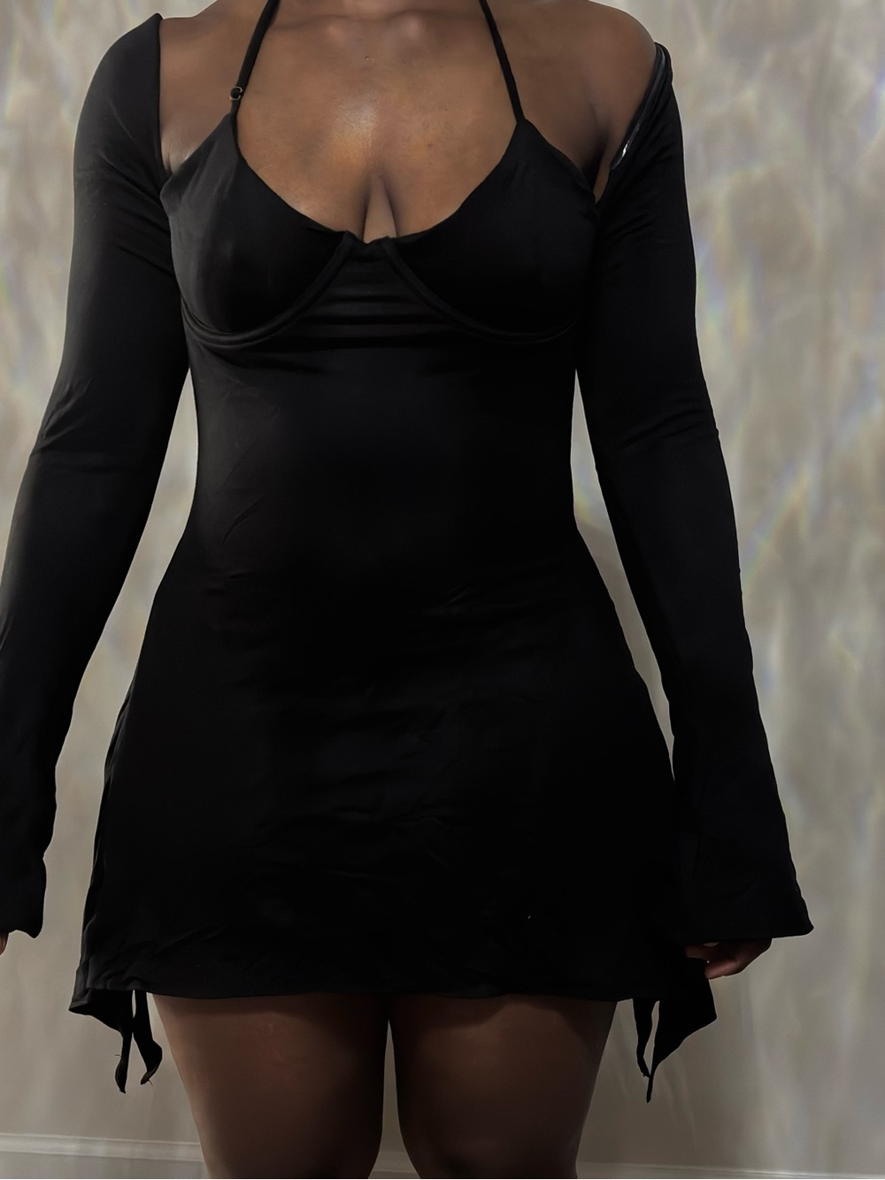 Oh Polly Black Halter Slip Mini Dress with Detachable Long Sleeves